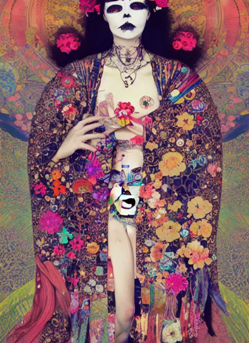 Prompt: cute punk goth fashion hippy fractal Día de los Muertos android girl wearing kimono made of circits posing by Zhang Jingna, psychedelic dada collage by Hannah Höch Victor Moscoso Rick Griffin Alphonse Mucha Gustav Klimt Ayami Kojima Amano Charlie Bowater, masterpiece