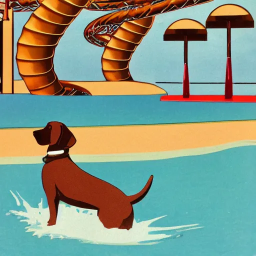 Prompt: a brown dog at the water park, art deco style