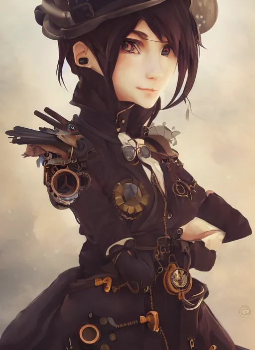 Image similar to steampunk themed anime girl with a steampunk robotic crow on her shoulder, finely detailed, portrait, beautiful, cinematic lighting, made by wlop, artgerm, illustration