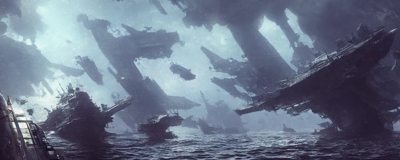 Prompt: battleship yamato wreck underwater, fantasy magical landscape, techno organic, 4 k, artstation, greg rutkowski, concept art, matte painting