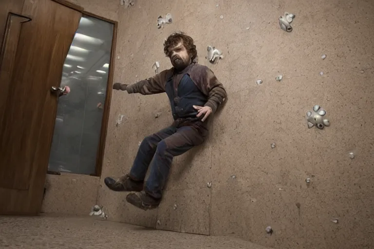 Prompt: peter dinklage climbing out of a toilet, movie still, from the new toxic avenger movie, 8 k, realistic