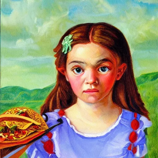 Image similar to taco girl with sad eyes. painting by margaret keene.