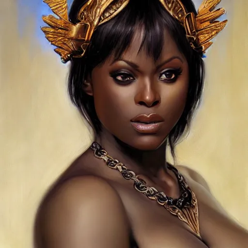 Prompt: a full shot portrait of jada fire as a greek goddesses, oil painting, by ross tran and and Edgar Maxence and julie bell