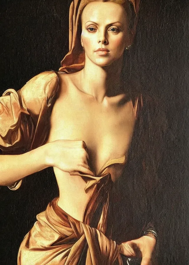 Prompt: a portrait of a Charlize Theron , beautiful clothes, oil painting in a renaissance style , very detailed, painted by Caravaggio.