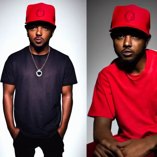 Image similar to kendrick lamar wearing mario hat, red hat with white circle and red m, studio lighting