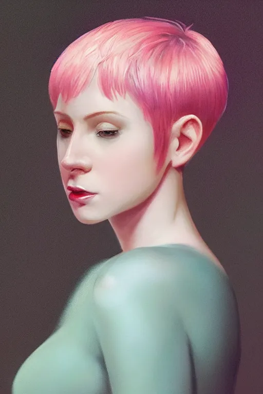 Image similar to “Portrait of a pale skin female with short pink hair, elegant, photorealistic, highly detailed, artstation, smooth, sharp focus, gold, neon lighting, sci-fi, art by Klimt.”