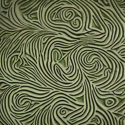 Image similar to thin lines, fractals, lichen macro, crenelated, serpentine twisty maze, carved soapstone ceiling relief paneling white and pale green