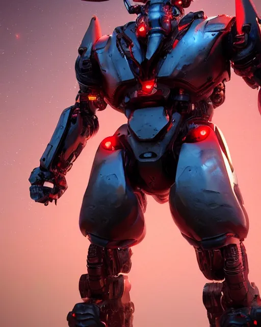 Image similar to a full body shot of an imposing cyborg ( bull ) modeled after a bull looking into the camera, android, cyborg, full body shot, red, intricate, 3 d, hyper realism, symmetrical, octane render, strong bokeh, fantasy, highly detailed, depth of field, digital art, artstation, concept art, cinematic lighting, trending