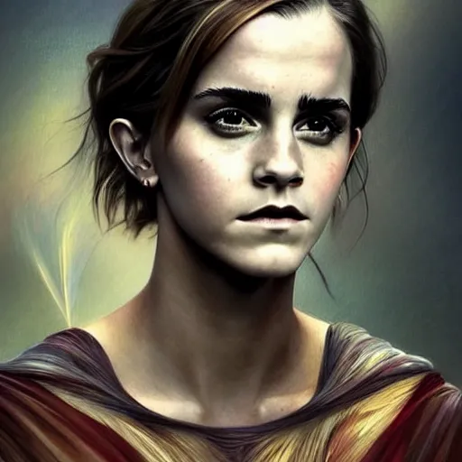 Image similar to Very funny Emma Watson looking like an old monkey, colorful painting on grey scale face, powerful , magic, thunders, dramatic lighting, intricate, wild, highly detailed, digital painting, artstation, concept art, smooth, sharp focus, illustration, art by artgerm and greg rutkowski and alphonse mucha, footage