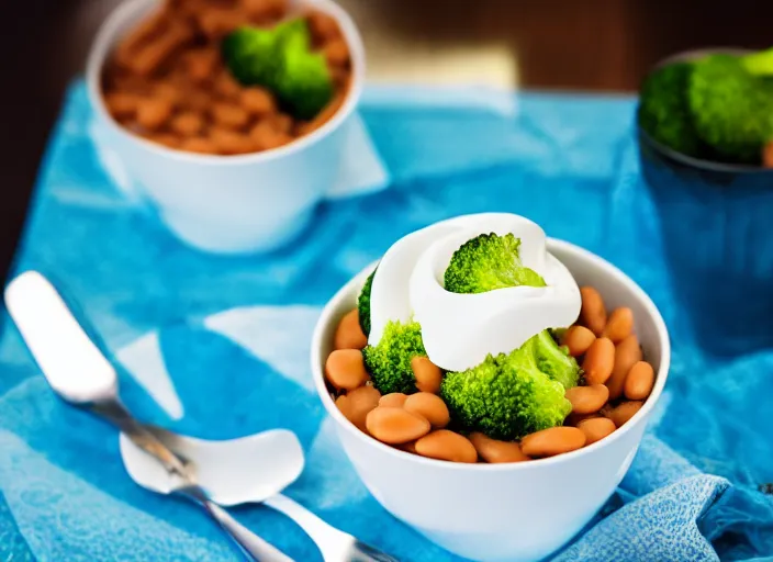 Prompt: food photo still of paper cup of soft serve swirled frozen yogurt topped with baked beans and broccoli, 8 5 mm f 1. 8