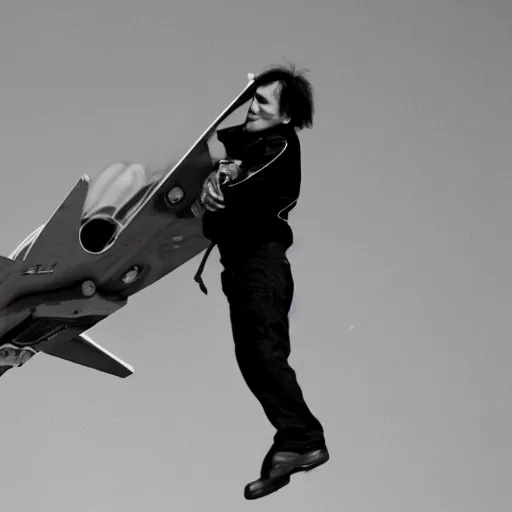 Image similar to quentin tarantino flying a fighter jet