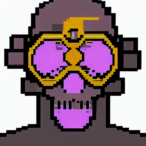 Prompt: a skull man wearing goggles with the word pixel spelt out above in a cyberpunk aesthetic