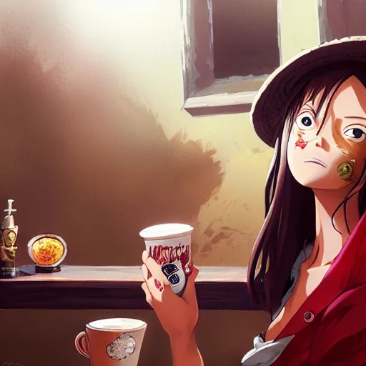 Image similar to mugiwara no luffy drinking cofee, digital art, pretty face, very beautiful face, very detailed eyes, 8 k resolution, by wlop, greg rutkowski, full body