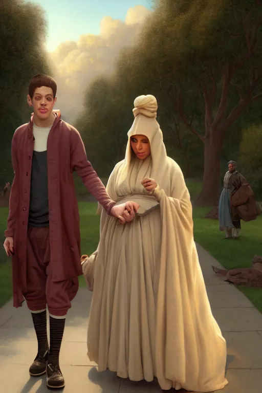 Prompt: Pete Davidson As A Short Midget Being Walked By Kim Kardashian As An Old Lady illustration, soft lighting, soft details, painting oil on canvas by Edmund Blair Leighton and Charlie Bowater octane render, HDR, trending on artstation, 4k, 8k, HD