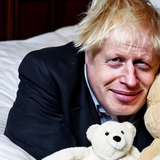 Image similar to boris johnson tucked in bed cuddling a teddy