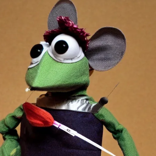 Image similar to a mouse wearing a shining suit of armor wielding a sewing needle, puppet, stop motion, in the style of the muppets