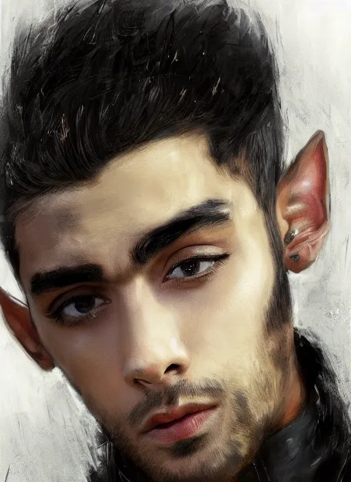 Prompt: portrait painting of zayn malik as an elf by jeremy mann, wearing leather high collared jacket, only one head single portrait, pointy ears