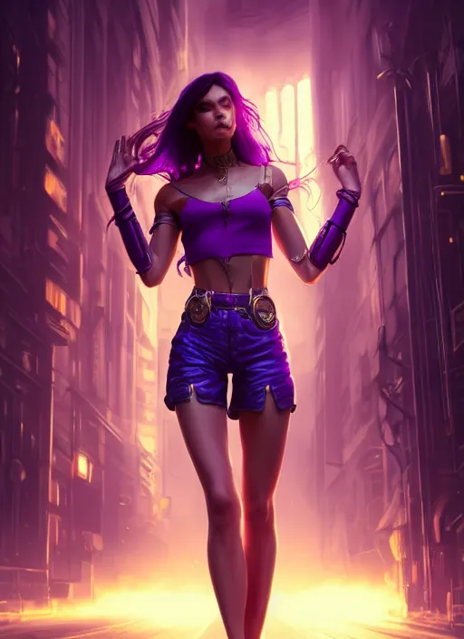 Image similar to young woman wearing shorts and shirt : : purple - gold streets cyberpunk : : weta disney pixar movie still photo : : decadent highly - detailed digital painting, heroic pose, full length shot, golden ratio, octane render, artstation, smooth, sharp focus, artgerm, mucha, loish, wlop, gogo