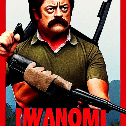 Image similar to High quality movie poster of Ron Swanson as Rambo, red sweatband