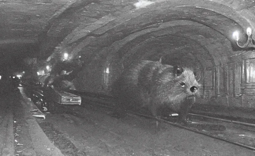 Prompt: old photo from 1 9 6 5. very large giant mutant antropomorphic rat in tonnel of moscow metro. extreme high detail. low light, scary atmosphere