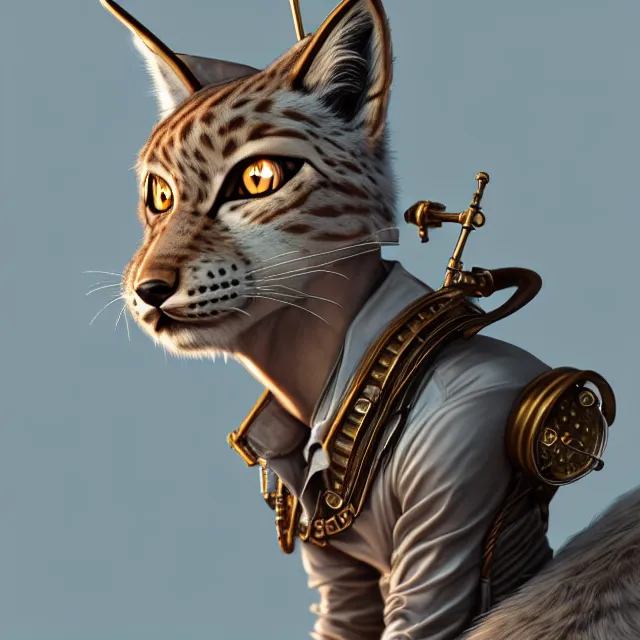 Prompt: the portrait of anthropomorphic lynx fursona wearing a steampunk suit as unimaginably beautiful, gorgeous, elegant, young lynx, an ultrafine hyperdetailed illustration by furaffinity, intricate linework, white fur, unreal engine 5 highly rendered, global illumination, radiant light, detailed and intricate environment