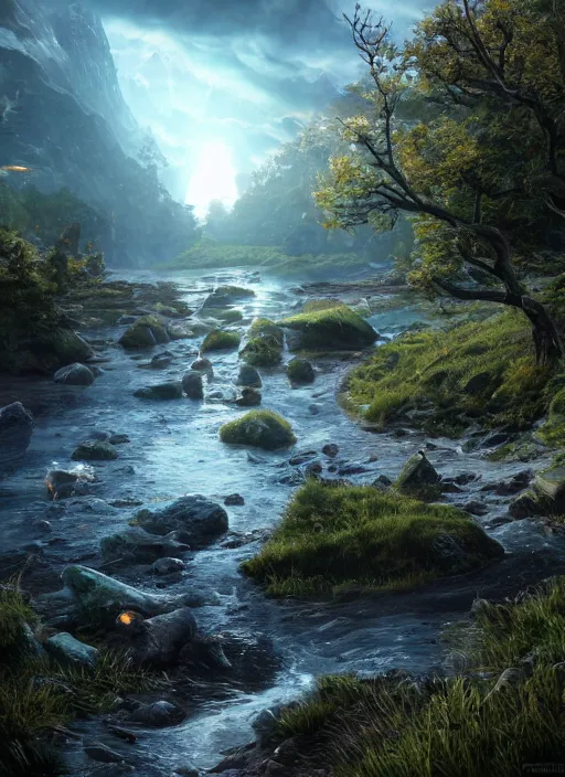 Image similar to river, ultra detailed fantasy, elden ring, realistic, dnd, rpg, lotr game design fanart by concept art, behance hd, artstation, deviantart, global illumination radiating a glowing aura global illumination ray tracing hdr render in unreal engine 5