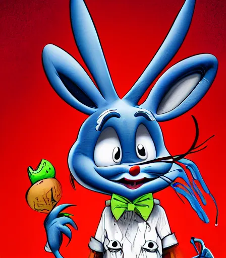 Image similar to TIm Burtons style Bugs Bunny by Alex Pardee and Nekro and Petros Afshar, and James McDermott,unstirred paint, vivid color, cgsociety 4K