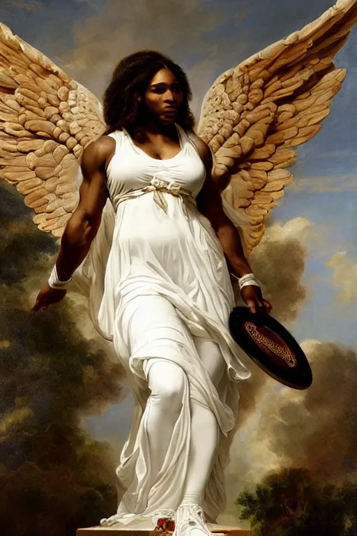 Image similar to Portrait of Serena Williams as Nike Goddess, large wings, luxuriant, dreamy, eternity, romantic, strong pose, highly detailed, in the style of Franz Xaver Winterhalter, highly detailed, in the style of Aetherpunk