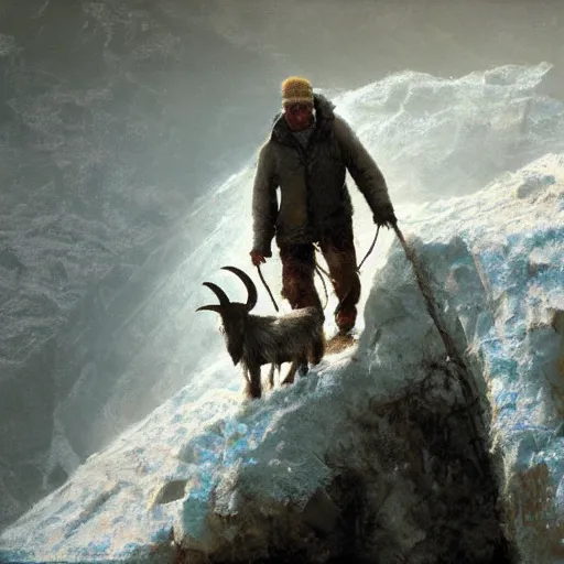 Image similar to a hiker man with a goat on top of a icy mountain, cinematic, painting by craig mullins