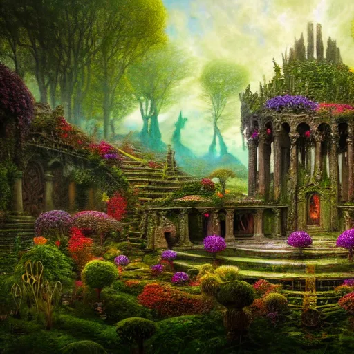 Image similar to a beautiful and highly detailed matte painting of a lost celtic elven temple in a magical fantasy garden, colorful flowers, psychedelic patterns, epic scale, insanely complex, hyperdetailed, sharp focus, hyperrealism, artstation, cgsociety, 8 k, bright colors, by caspar friedrich, albert bierstadt, james gurney, brian froud,