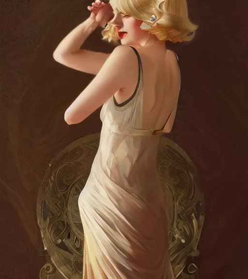 Image similar to Blonde girl in the roaring twenties wearing a dress, full-body shot, digital painting, smooth, elegant, hd, art by WLOP and Artgerm and Greg Rutkowski and Alphonse Mucha