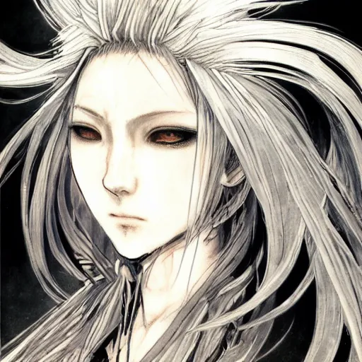 Image similar to Yoshitaka Amano realistic illustration of an anime girl with black eyes, wavy white hair fluttering in the wind and cracks on her face wearing Elden ring armour with engraving, abstract black and white patterns on the background, noisy film grain effect, highly detailed, Renaissance oil painting, weird portrait angle, blurred lost edges, three quarter view