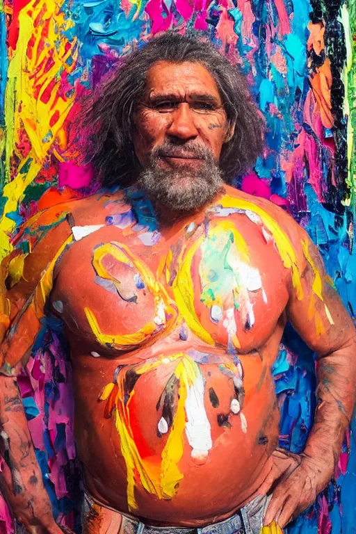 Prompt: palette knife oil painting portrait of a eddie dreamtime, a middle aged, athletic, lean, aboriginal australian hipster, open shirt, body paint, psychedelic, dreamtime, nightclub background, smile, artstation trending, artgerm, any racial background, deviant art, hipster, octane, substance, art history 8 k