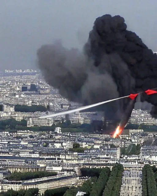 Image similar to tv report on two planes crash on the eiffel tower in paris. the planes are exploding on the eiffel tower with plenty of smokes