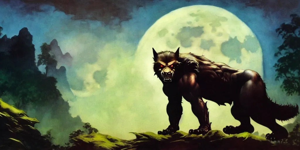 Prompt: by frazetta , panoramic close up of realistic werewolf , epic pose , full body backlight ,top light ,full body portrait ,highly textured oil painting ,jungle ,cyan graveyard with backlight from the moon ,foggy background ,with dramatic sky ,clouds and giant oversized moon and storm