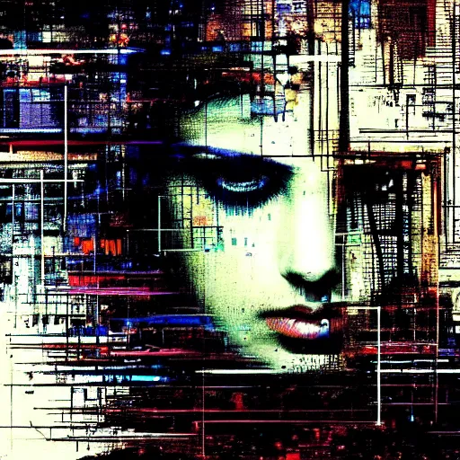 Prompt: portrait of a hooded beautiful women, mysterious, glitch effects over the eyes, shadows, by Guy Denning, by Johannes Itten, by Russ Mills, centered, glitch art, innocent, clear skin, smooth, hacking effects, chromatic, cyberpunk, color blocking, digital art, concept art, abstract