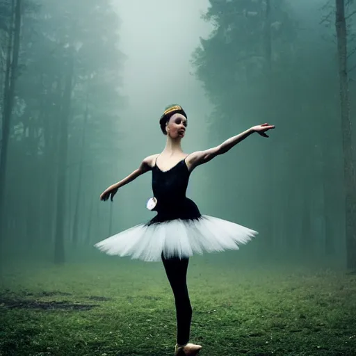 Image similar to an intricate ballerina in the middle of the forest, landscape, moody, fog, cinematic