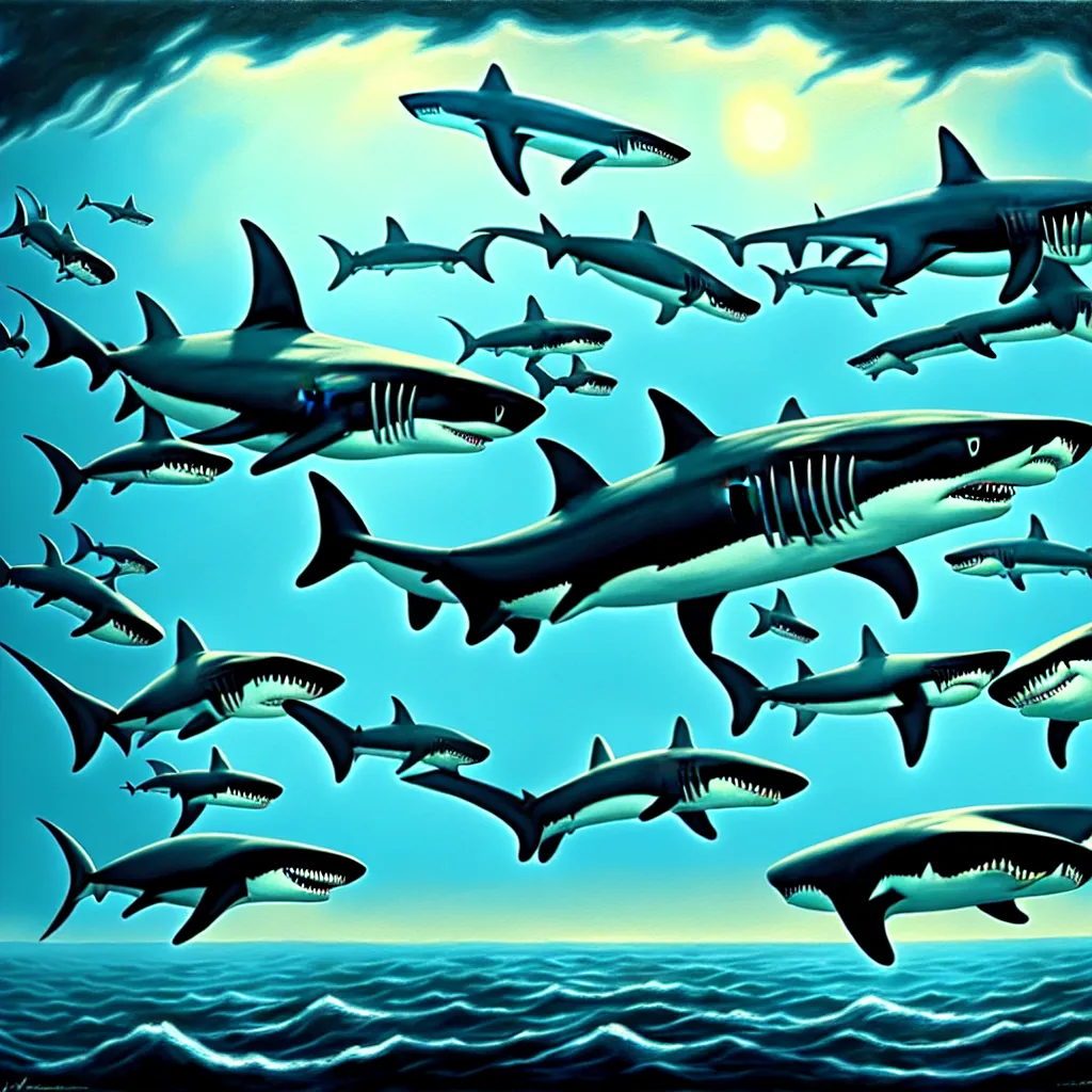 Prompt: shark party, detailed matte painting, oil on canvas, atmospheric, field of depth, fantasy, grim, dark, trending on artstation