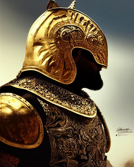 Image similar to realistic side view painting of the king of the desert, angry, wide angle, gold armour, sword, dramatic lighting, intricate, wild, highly detailed, digital painting, artstation, concept art, smooth, sharp focus, illustration