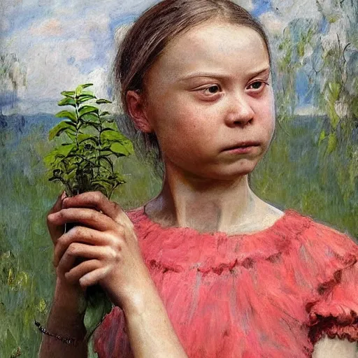 Image similar to Devastated Greta Thunberg holding a plant and crying, impressionism, barren earth, vivid attention to detail, by Greg Rutkowksi and Ilya Repin