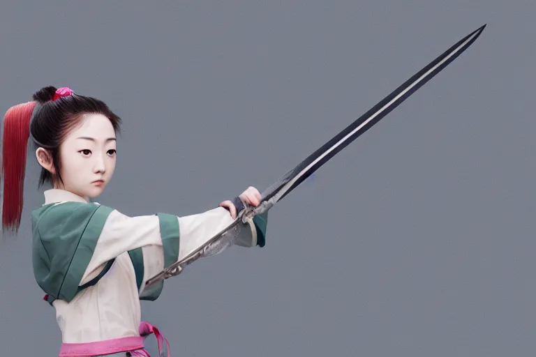 Image similar to beautiful photo of a young female samurai, practising sword stances, symmetrical face, beautiful eyes, realistic anime art style, large oversized anime style sword, highly detailed, 8 k, award winning photo, muted pastels, action photography, 1 / 1 2 5 shutter speed, dramatic lighting