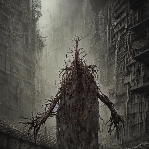 Image similar to an epic horrifying fantastic hyperdetailed 3 d matte painting photo taken with nikon d 7 5 0 an of a decaying eldritch creature partially covered with grafitti art by moebius by zdzisław beksinski by jakub rozalski by nekro