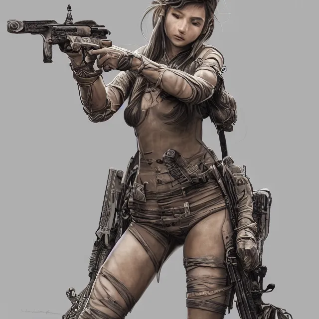 Prompt: the portrait of lawful neutral semi - colorful female infantry gunner as absurdly beautiful, gorgeous, elegant, realistic young swimsuit model, an ultrafine hyperdetailed illustration by kim jung gi, irakli nadar, intricate linework, detailed faces, super sharp focus, octopath traveler, unreal engine 5 highly rendered, global illumination, radiant light, detailed and intricate environment