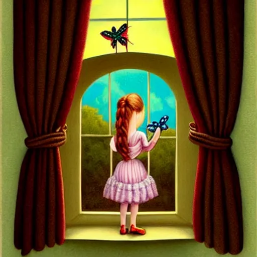 Prompt: a painting of a girl looking out a window at a moth, a storybook illustration by mark ryden, featured on deviantart, pop surrealism, storybook illustration, whimsical, detailed painting