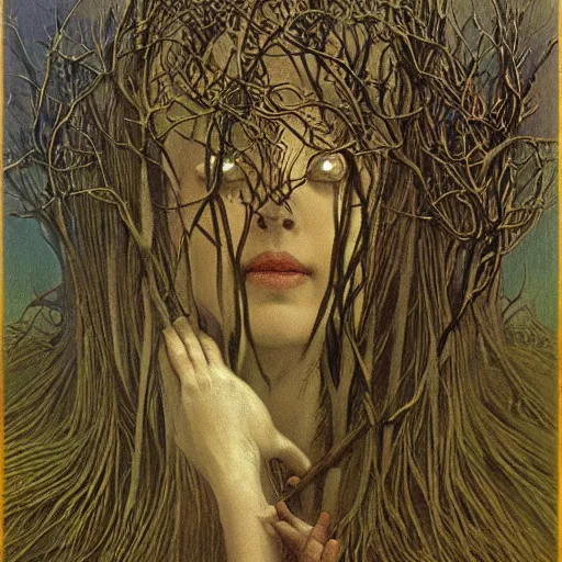 Prompt: priestess wearing a crown of twisting branches, by beksinski and john collier