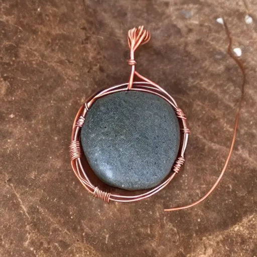 Image similar to beautiful but simple circular amulet made from equal parts bright sandstone and dark sandstone with a small rock shard separating them in the middle, bound together by copper wire and representing powerful love