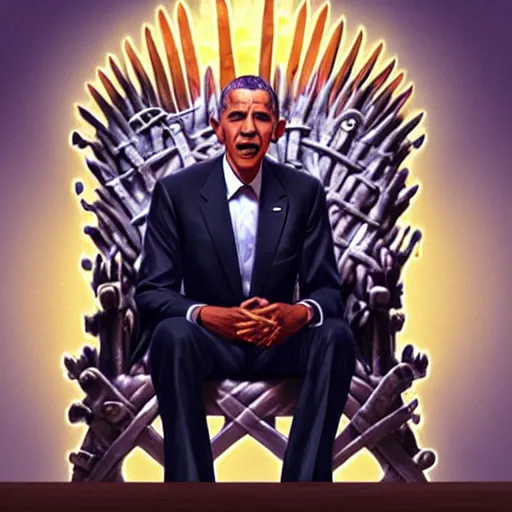 Image similar to barrack obama eating a cheese burger sitting on the iron throne, highly detailed, digital painting, artstation, concept art, global illumination, ray tracing smooth, sharp focus, illustration, art by artgerm and greg rutkowski and makoto shinkai, jeremy lipkin