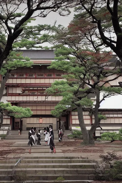 Image similar to a beautiful japanese high school with many ghosts and zombies and monsters at night