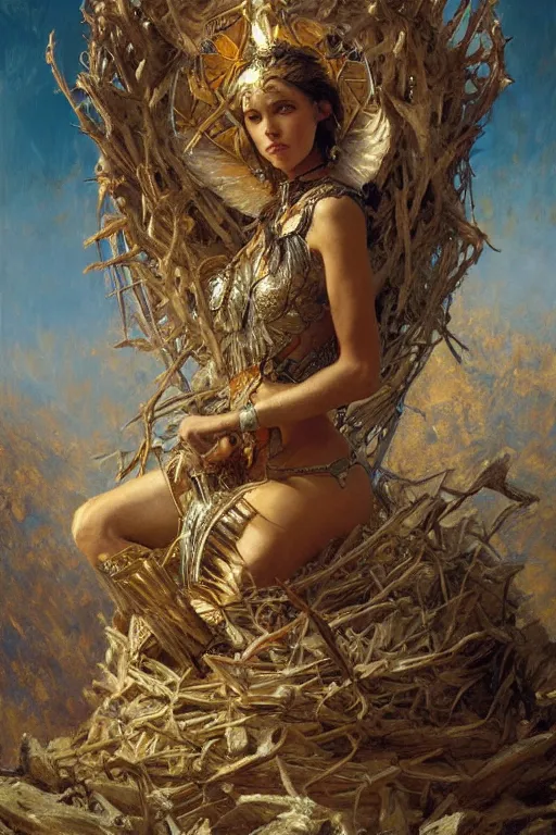 Image similar to full body portrait of seraphim queen sitting in her nest of bones, highly detailed painting by gaston bussiere, craig mullins, j. c. leyendecker, 8 k, mid shot