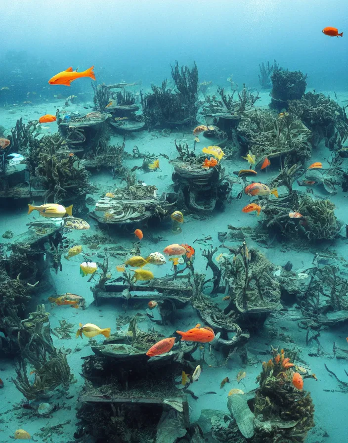 Image similar to an underwater city school for fish, 8k, National Geographic photo field.